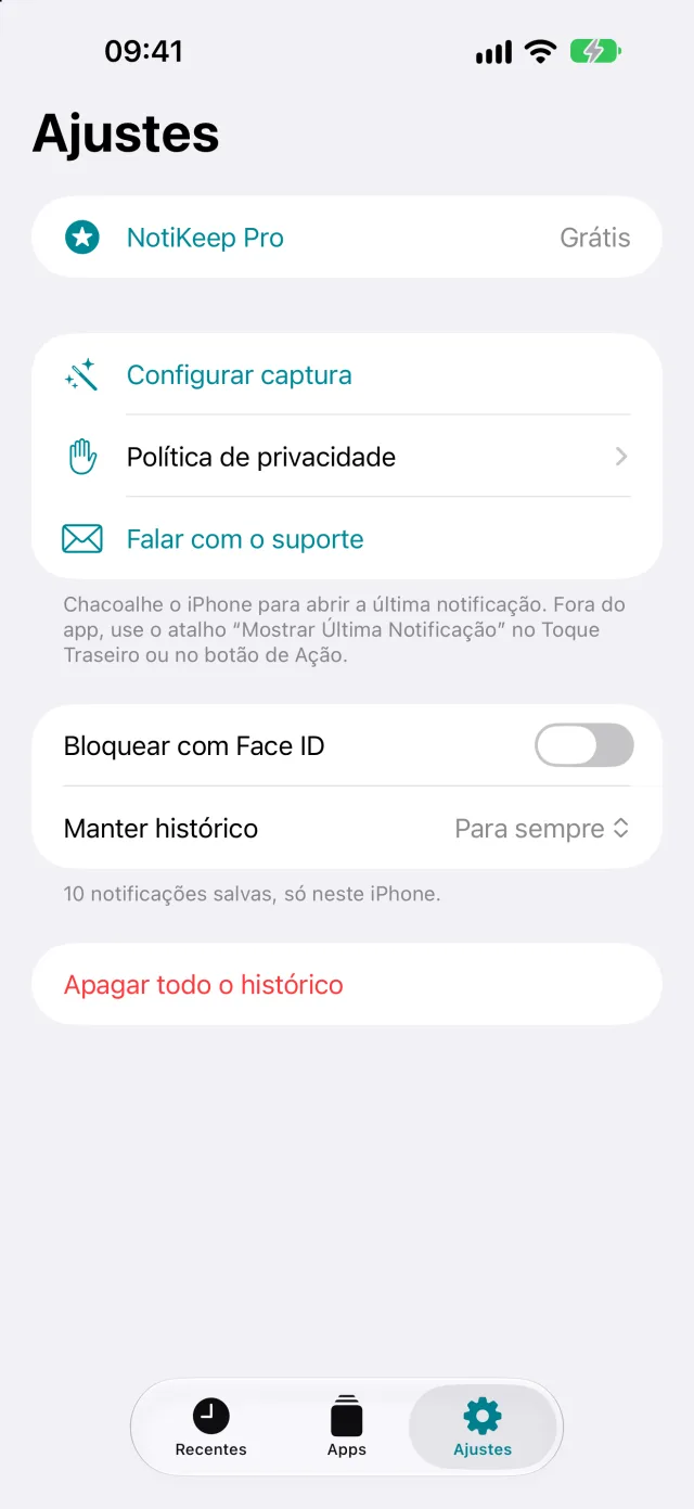 Tela Ajustes do NotiKeep com bloqueio por Face ID e prazo do histórico