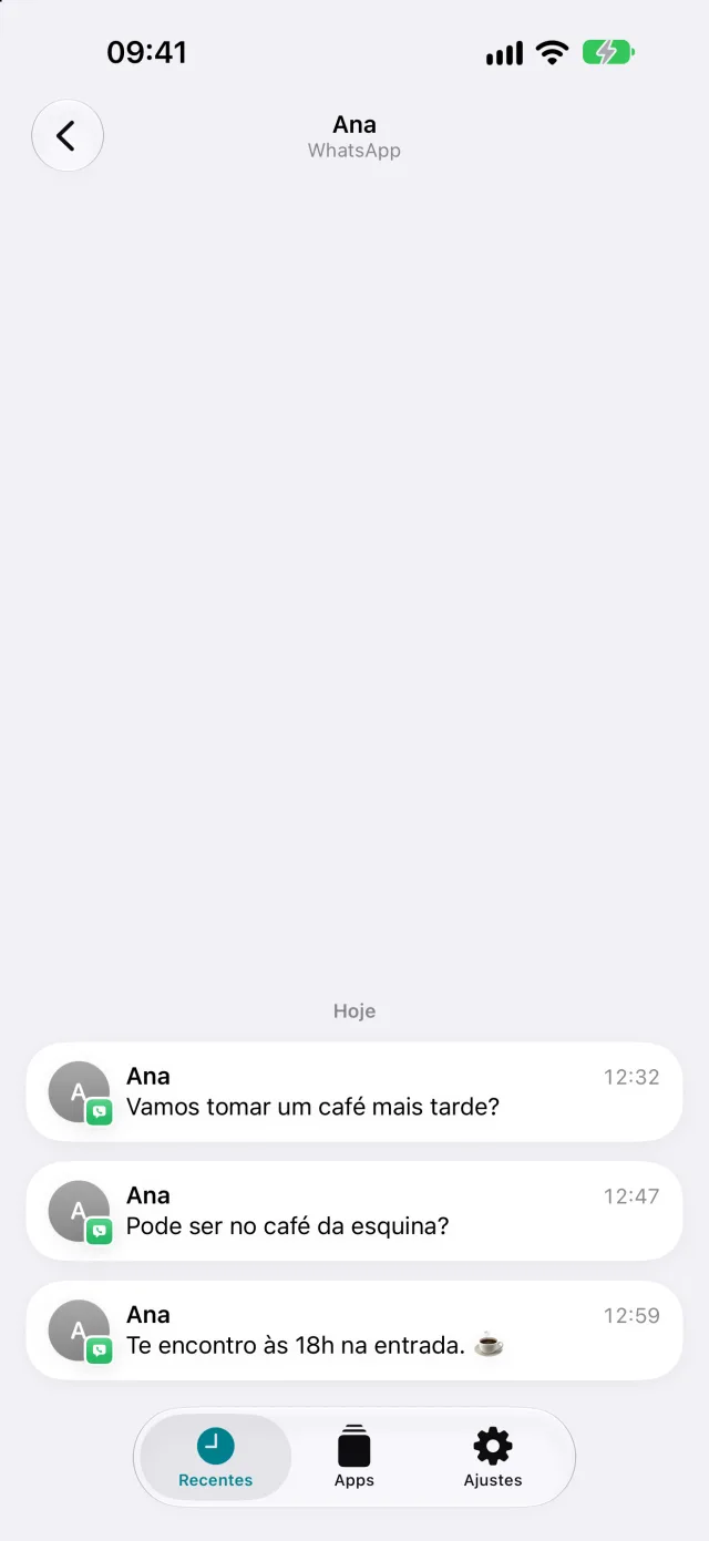 Conversa com Ana no NotiKeep, com três mensagens salvas do WhatsApp