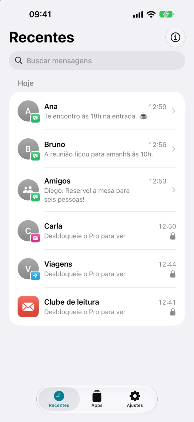 Tela Recentes do NotiKeep com conversas de Ana, Bruno e do grupo Amigos